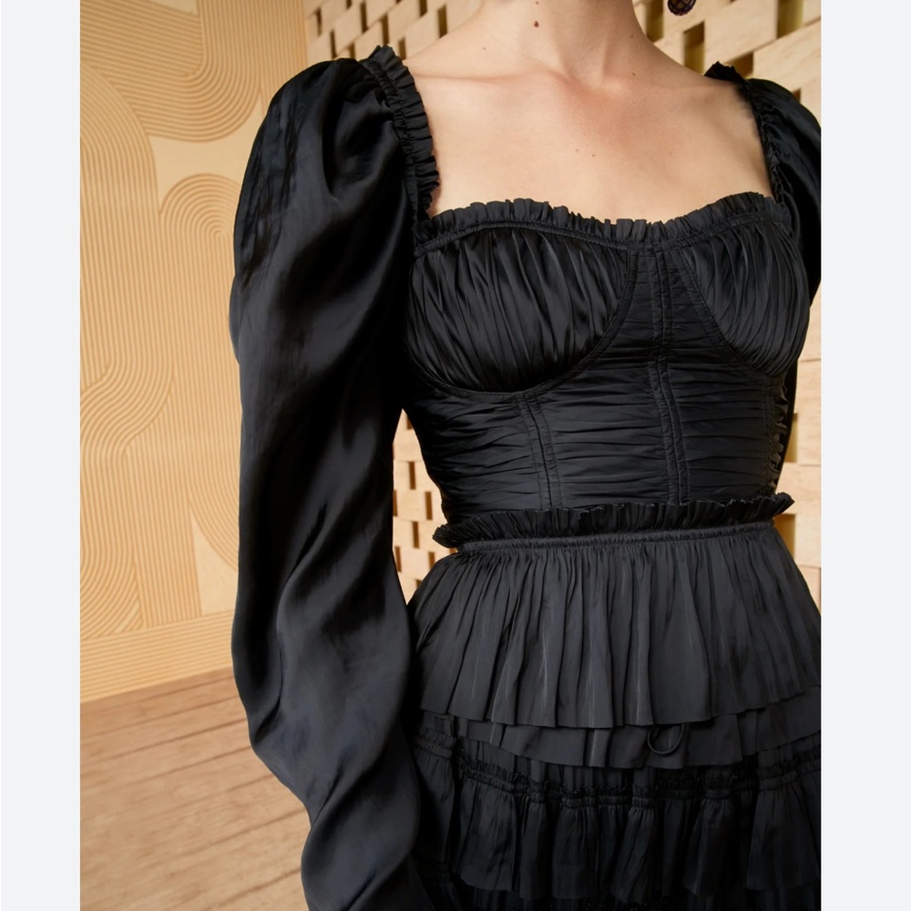 Ulla Johnson Black Ruched Satin Corset Top with Puff Sleeve